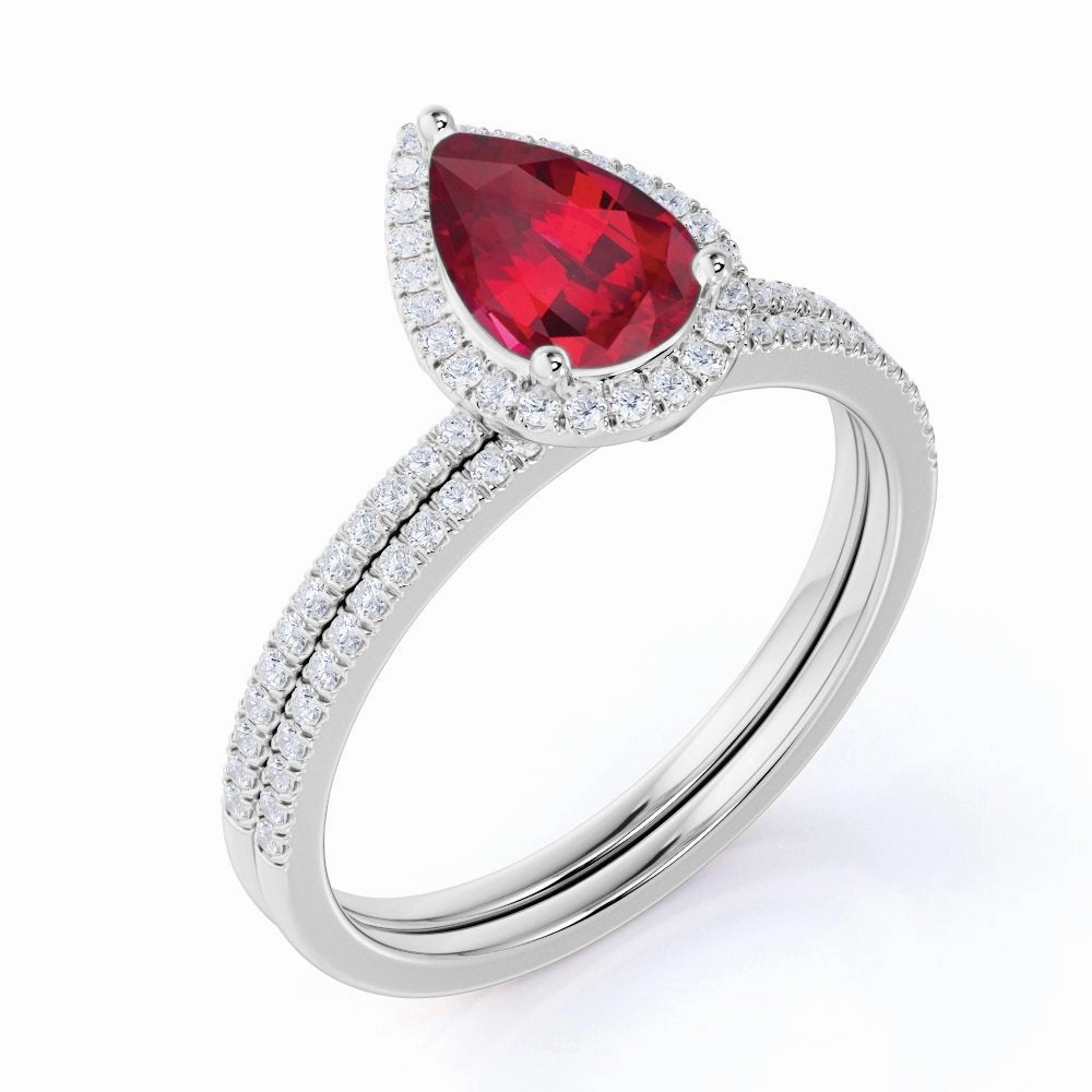 Elegant Creation Pave 1.50 ct Pear Lab-Created Ruby Halo Bridal Set