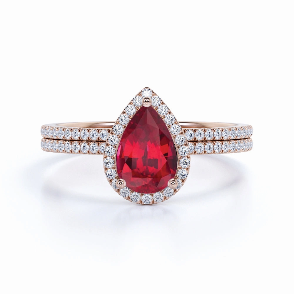 Pave 1.50 ct Pear Lab-Created Ruby Halo Bridal Set Glamorous Piece High-End Object