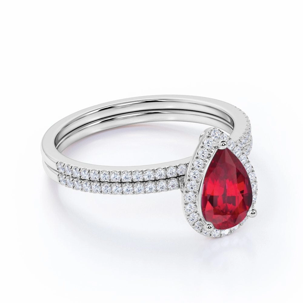 Pave 1.50 ct Pear Lab-Created Ruby Halo Bridal Set Premium Statement