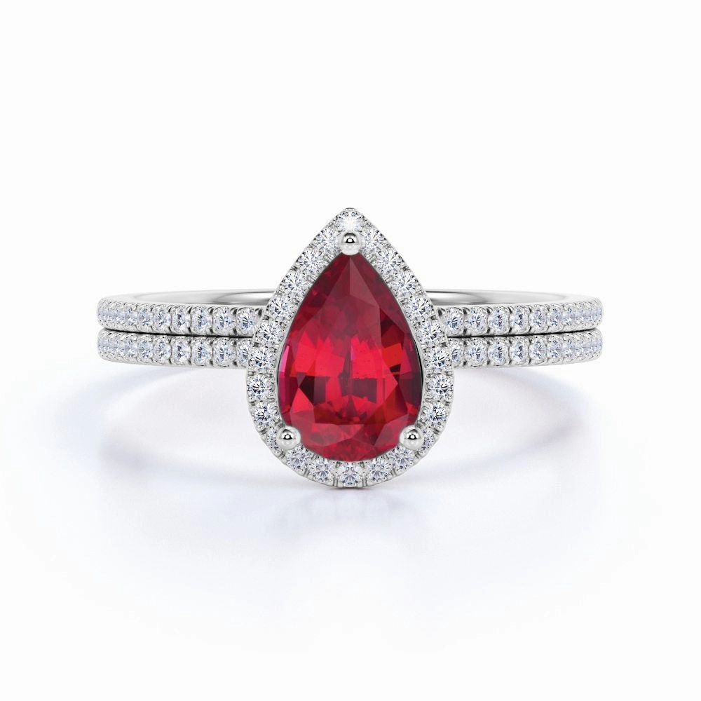 Pave 1.50 ct Pear Lab-Created Ruby Halo Bridal Set Holiday look High-Quality Look