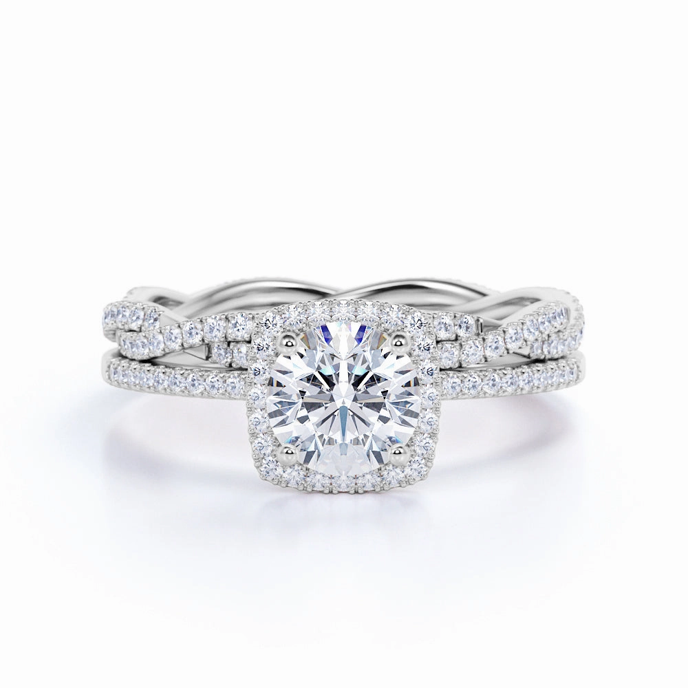 Unique Look Pave 1.5 Carat Round Cut Moissanite Halo Wedding Ring Set