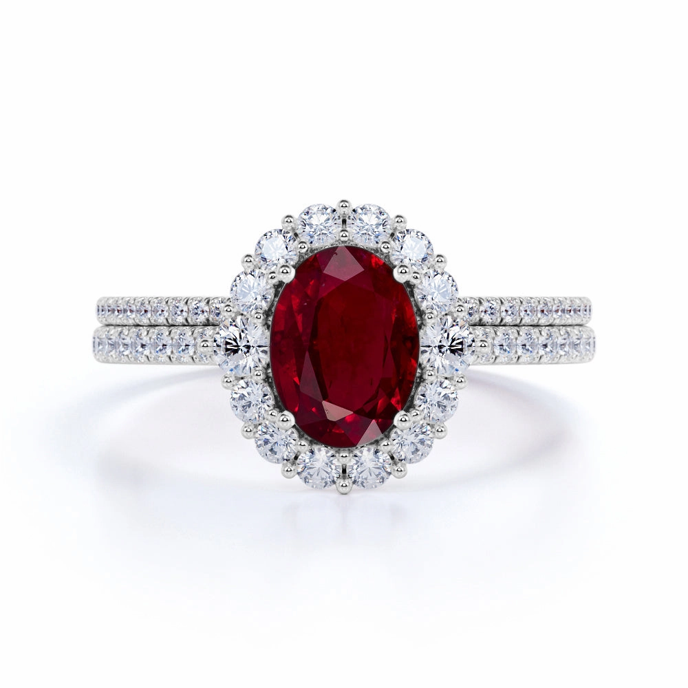 Pave 1.60 ct Oval Lab-Created Ruby Halo Wedding Set Simple Insignia Special Present