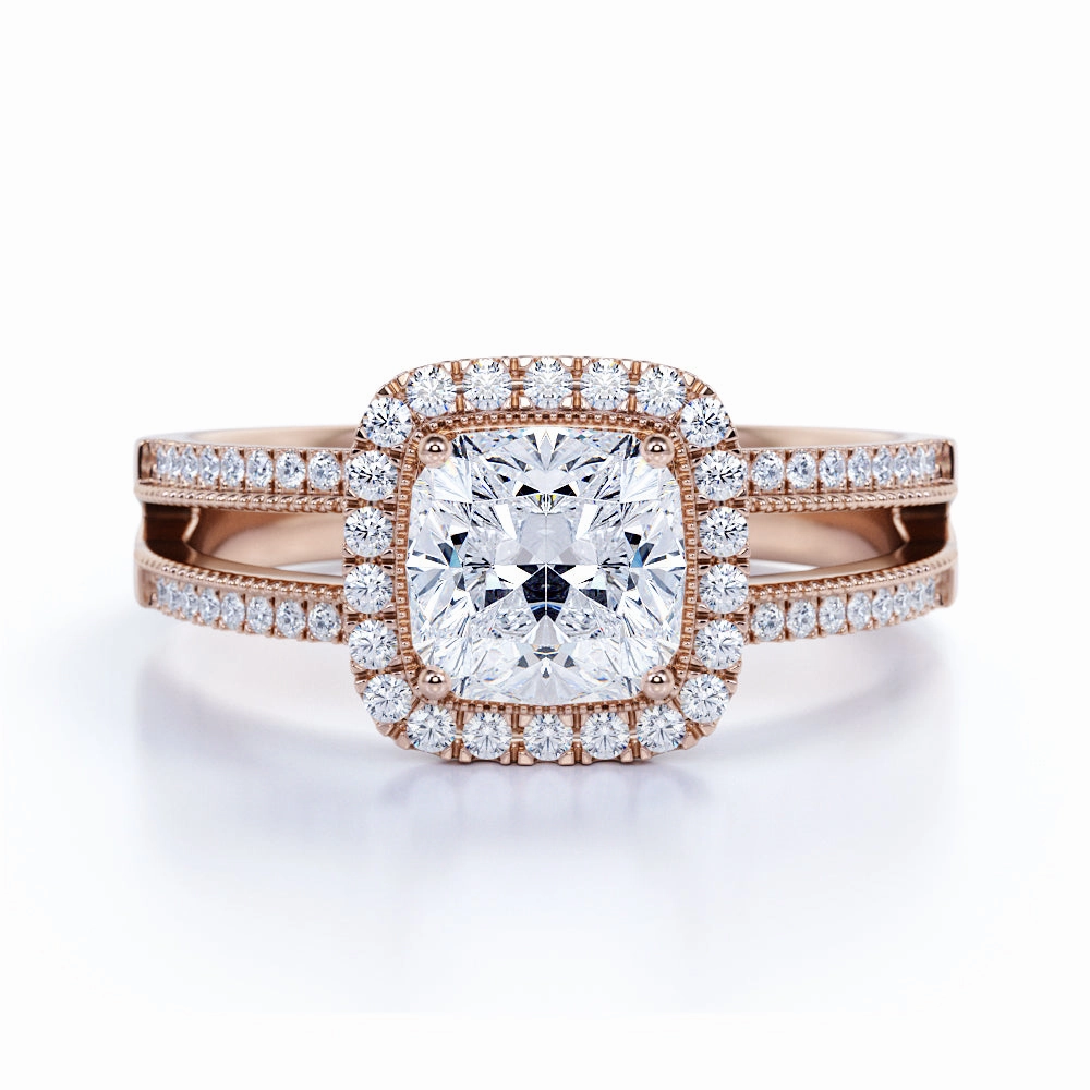 Pave 1.75 Carat Cushion Moissanite Halo Engagement Ring Bridal Set