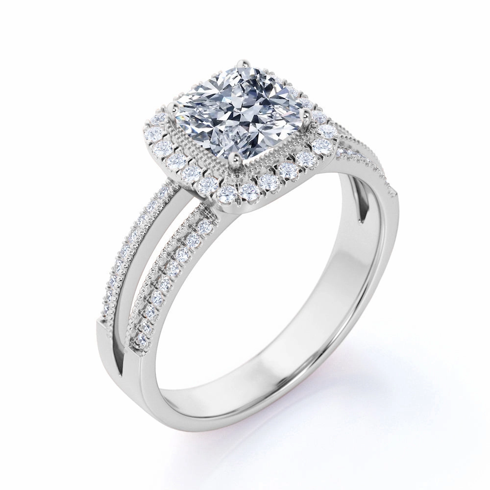 Pave 1.75 Carat Cushion Moissanite Halo Engagement Ring Timeless Spark