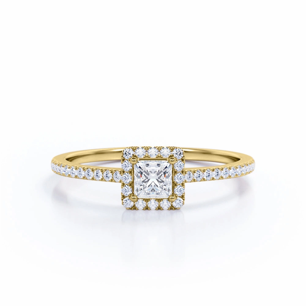 Fire Proof Pave 1 Carat Princess Cut Moissanite Halo Engagement Ring