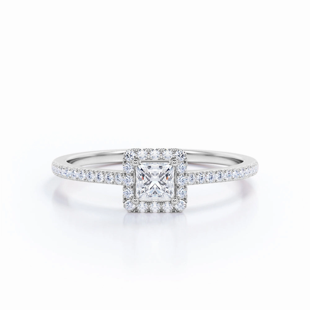 Pave 1 Carat Princess Cut Moissanite Halo Engagement Ring Unique Appearance