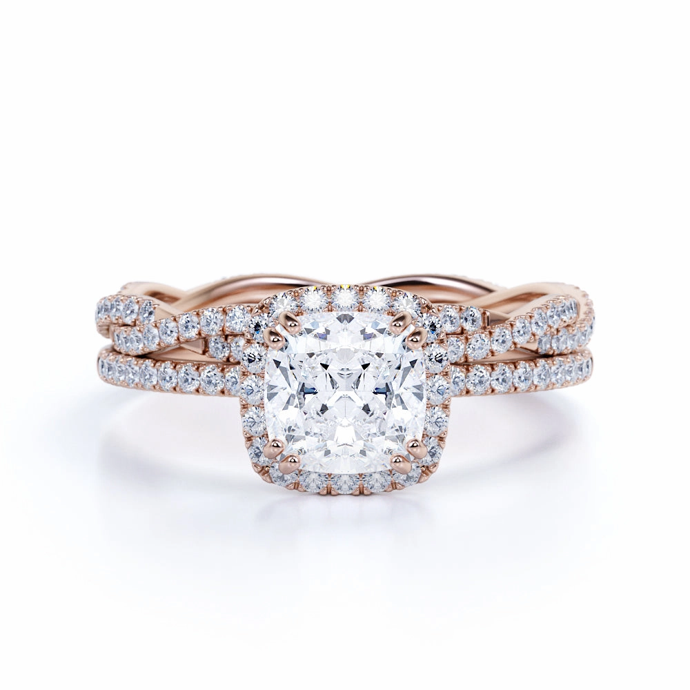 Sleek Look Subtle Accessory Pave 2 Carat Cushion Cut Moissanite Halo Bridal Set