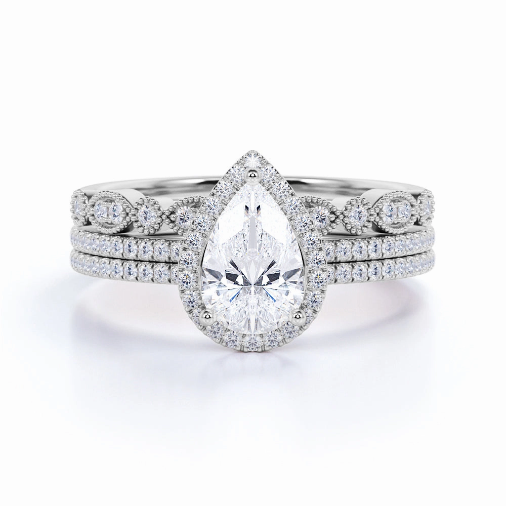 DIY Maintenance Pave 2 Carat Pear Cut Moissanite Halo Trio Set