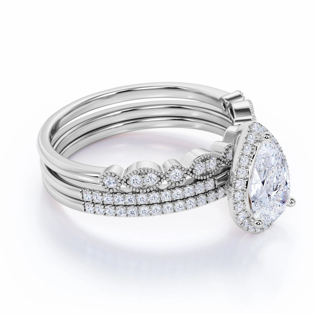 Pave 2 Carat Pear Cut Moissanite Halo Trio Set everyday elegance