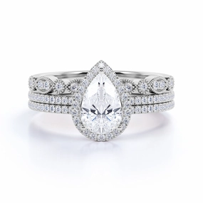 DIY Maintenance Pave 2 Carat Pear Cut Moissanite Halo Trio Set