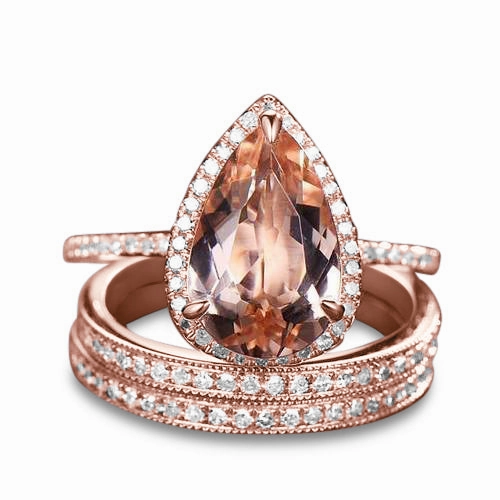 Pave 2 ct Pear Morganite Halo Trio Wedding Ring Set Unique Look Strong Craft