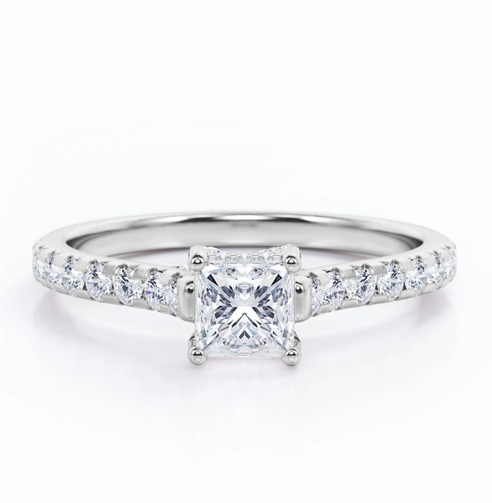 Delicate Bauble Pave-Cathedral Prong - 0.50 TCW Princess Cut Diamond - Scalloped Pave Engagement Ring - 10K Black Gold