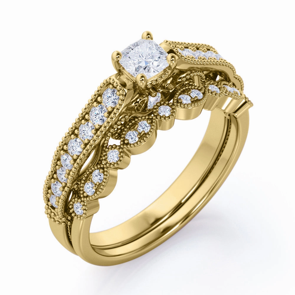 Contemporary Symbol Personal Present Pave-Channel 0.5 TCW Princess Cut Diamond Filigree Milgrain Decorative Wedding Ring Set in 10K White Gold