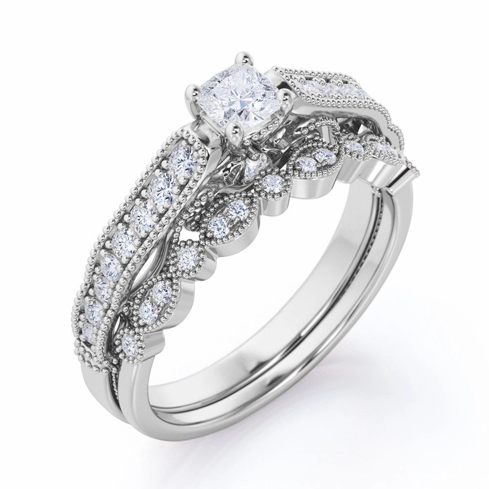 Pave-Channel 0.5 TCW Princess Cut Diamond Filigree Milgrain Decorative Wedding Ring Set in 10K White Gold Branded Statement