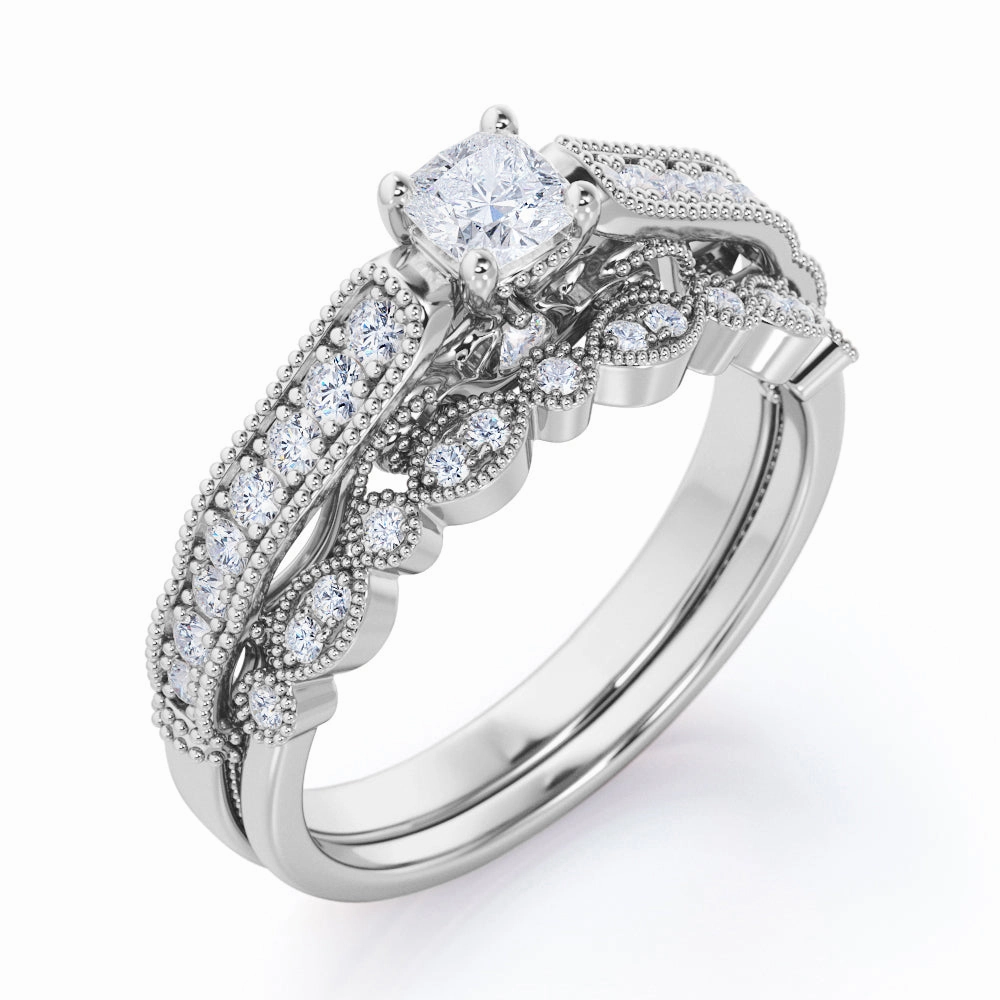 Elegant Craft Pave-Channel 0.5 TCW Princess Cut Diamond Filigree Milgrain Decorative Wedding Ring Set in 10K White Gold