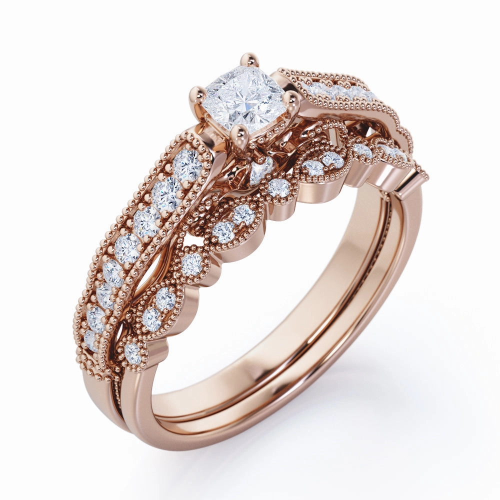 Pave-Channel 0.5 TCW Princess Cut Diamond Filigree Milgrain Decorative Wedding Ring Set in 10K White Gold Stylish Item