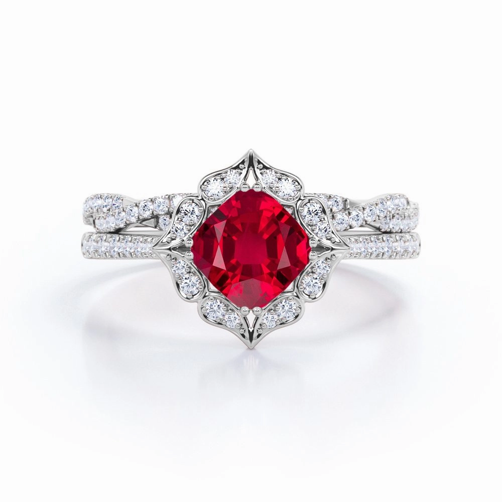 Custom Work Polished Shine Pave Halo 1.50 ct Cushion Lab-Created Ruby Infinity Bridal Set