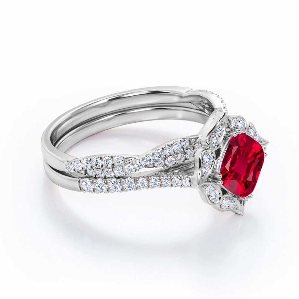 Pave Halo 1.50 ct Cushion Lab-Created Ruby Infinity Bridal Set Unique Insignia Luxury Appeal