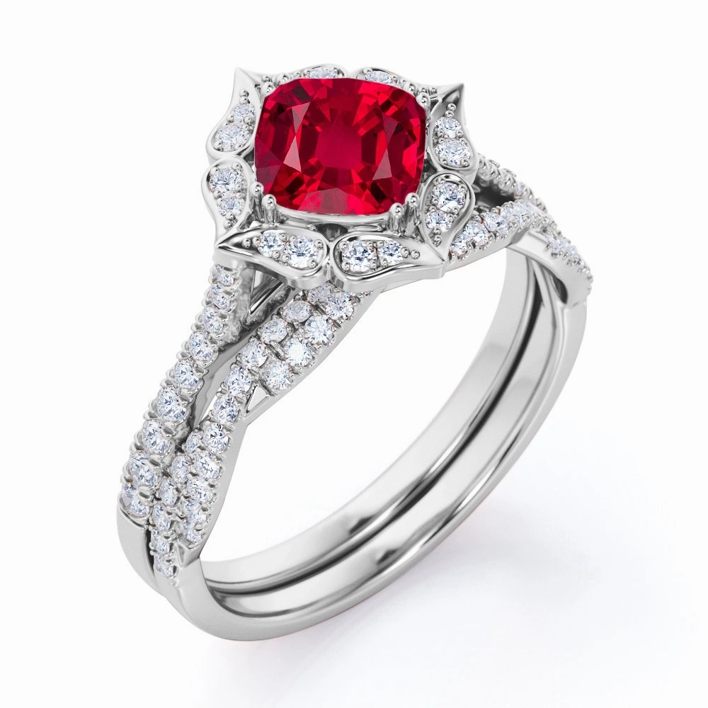 Pave Halo 1.50 ct Cushion Lab-Created Ruby Infinity Bridal Set Low key style Amazing Design