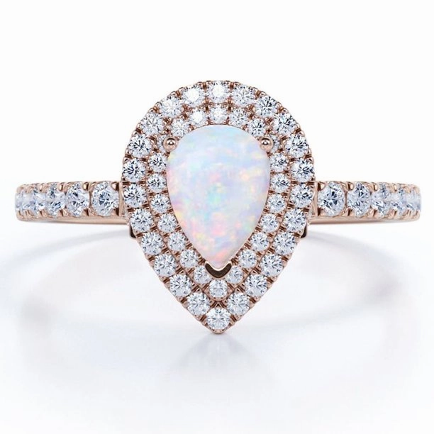 Value Expression Neutral Spark Pave Set 1.5 Carat Pear Shaped White Fire Opal and Moissanite Double Halo Cluster Engagement Ring in 18K Rose Gold Plating over Silver