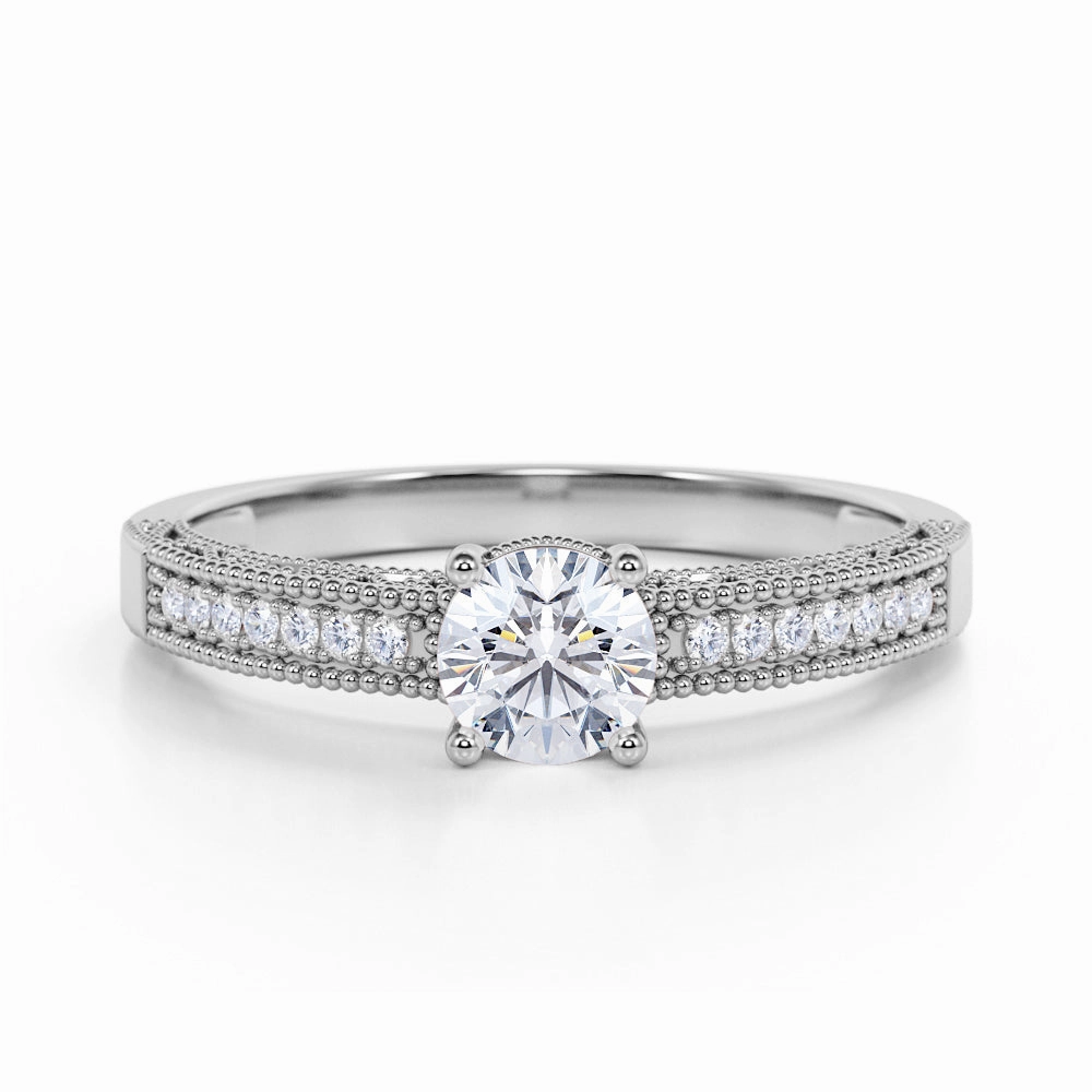 Classic Choice Unique Craft Pave Set Prong Basket 0.50 ct TDW European Round Cut Diamond and Vintage Milgrain Engagement Ring in White Gold