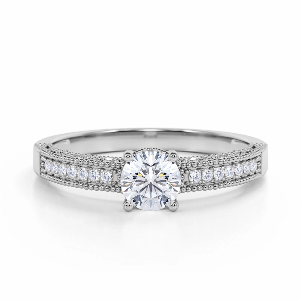 Refined Jewelry Beautiful Trinket Pave Set Prong Basket 0.50 ct TDW European Round Cut Diamond and Vintage Milgrain Engagement Ring in White Gold