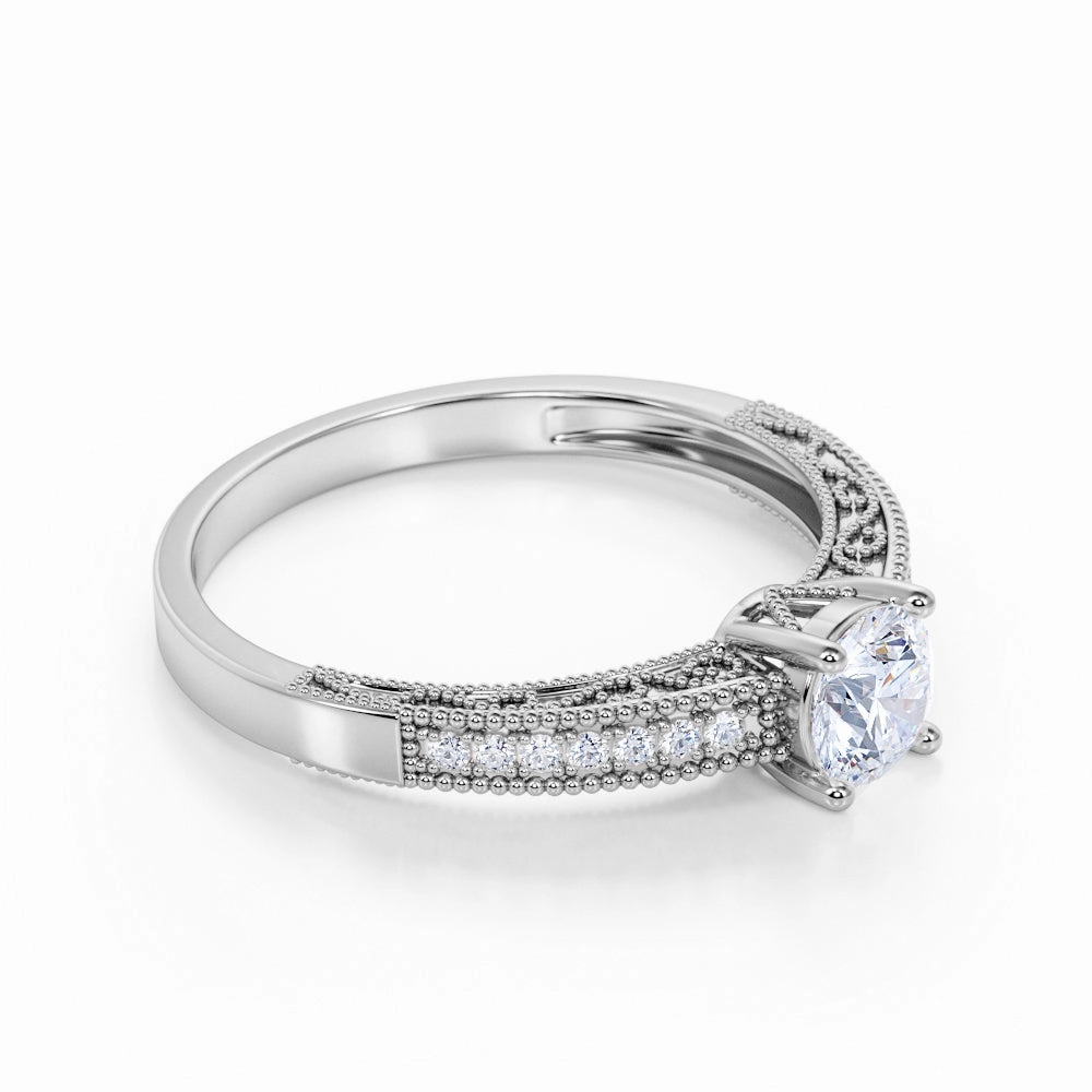 Delicate Statement Pave Set Prong Basket 0.50 ct TDW European Round Cut Diamond and Vintage Milgrain Engagement Ring in White Gold