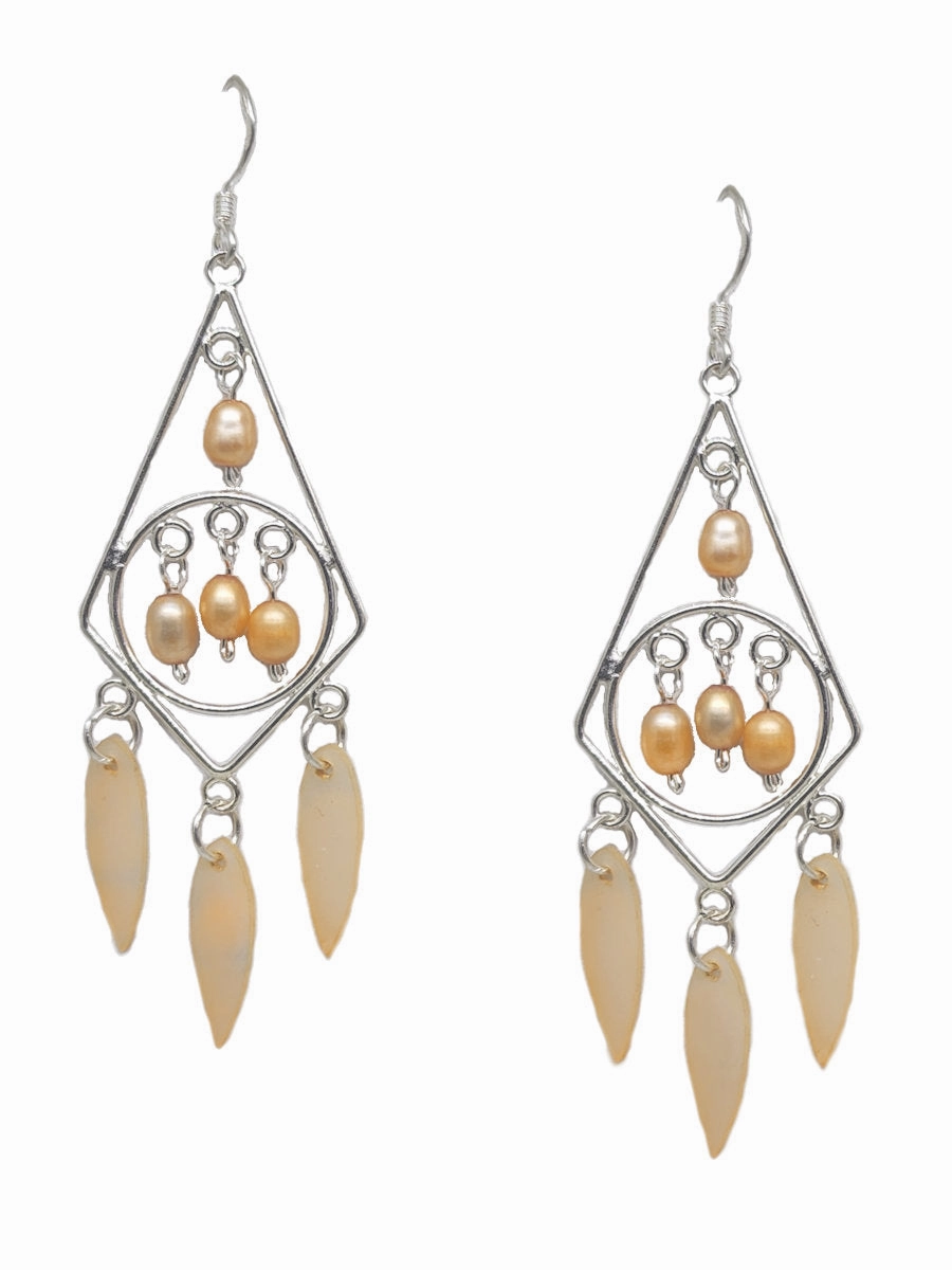 Glittering Essential Comfortable Aesthetic Peach Chandelier Earrings with Dyed Cultured Freshwater Pearls and Shell Dangles Sterling Silver