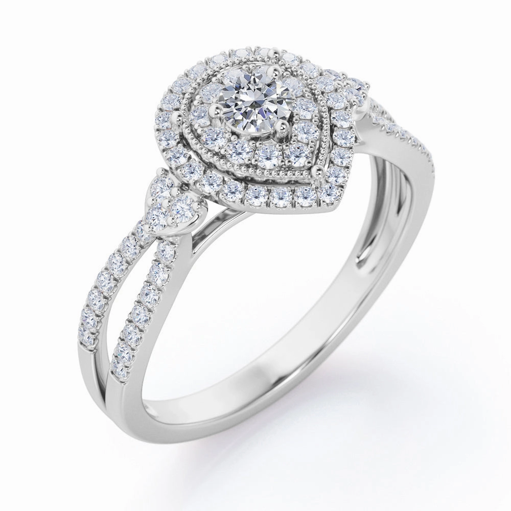 Pear-Shaped Double Halo - 0.5 TCW Round Cut Diamond - Pave Split Shank Engagement Ring - 10K White Gold Translucent Material
