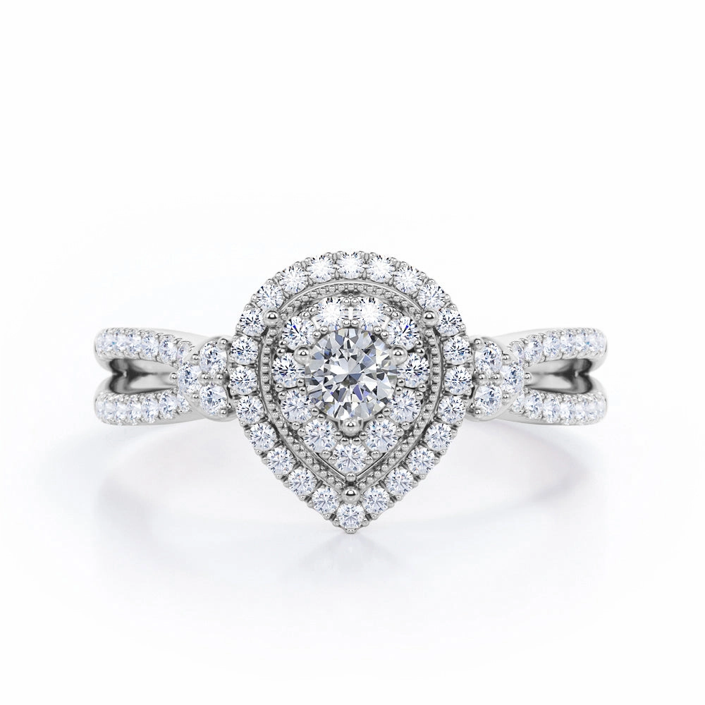 Pear-Shaped Double Halo - 0.5 TCW Round Cut Diamond - Pave Split Shank Engagement Ring - 10K White Gold Stylish piece