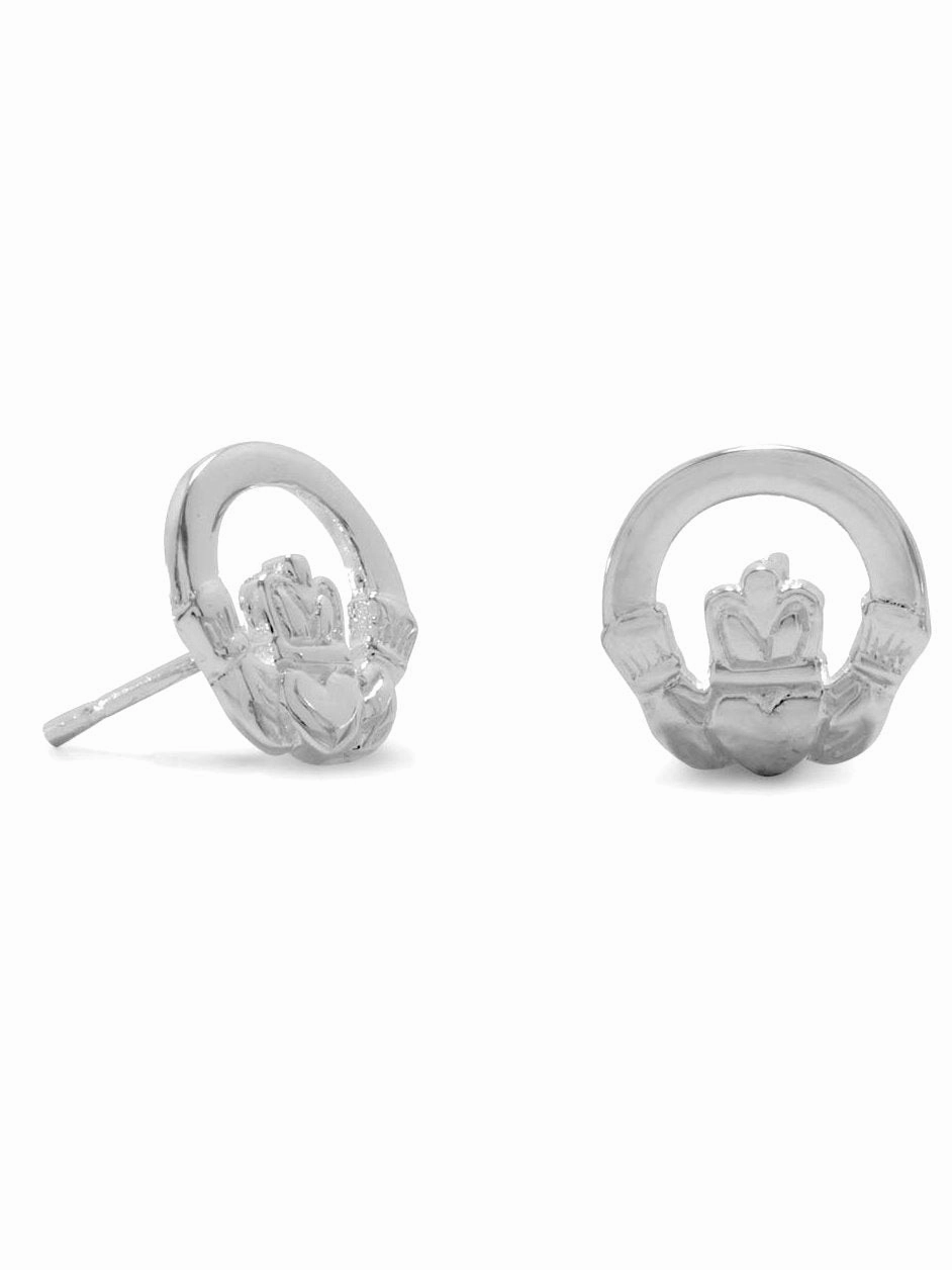 Simple Piece Claddagh Post Stud Earrings Polished Sterling Silver