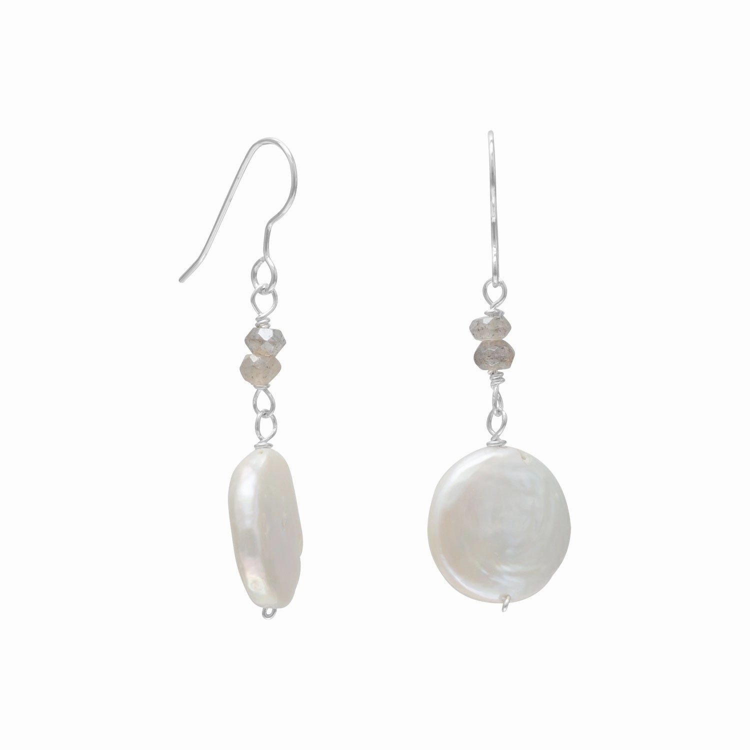 Embellished Embellishment White Cultured Freshwater Pearl and Labradorite Drop Earrings Sterling Silver