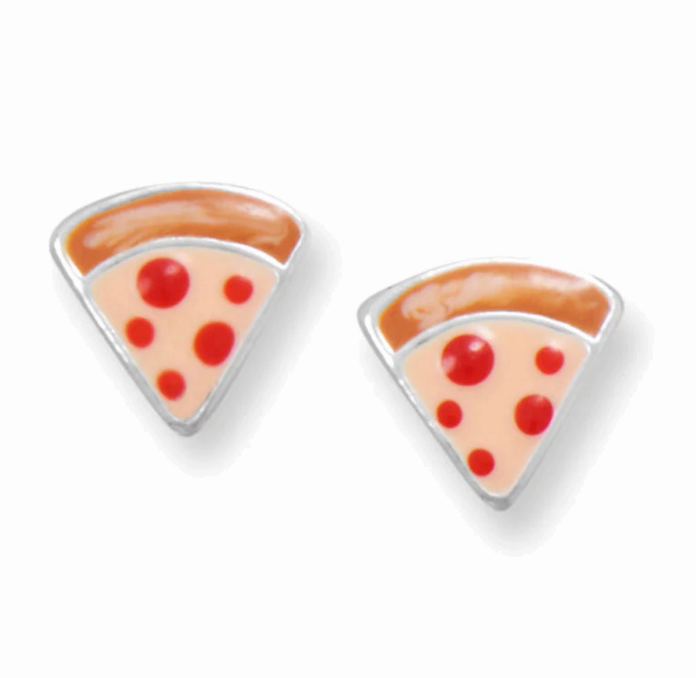 Modern feature Pretty Item Pepperoni Pizza Slice Stud Earrings Sterling Silver with Enamel Color