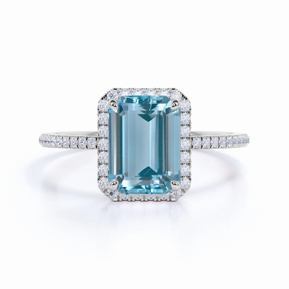 1.50 ct Emerald Cut Aquamarine Halo Wedding Ring Modern Gift Graceful Contour