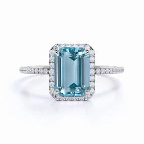 1.50 ct Emerald Cut Aquamarine Halo Wedding Ring Modern Gift Graceful Contour