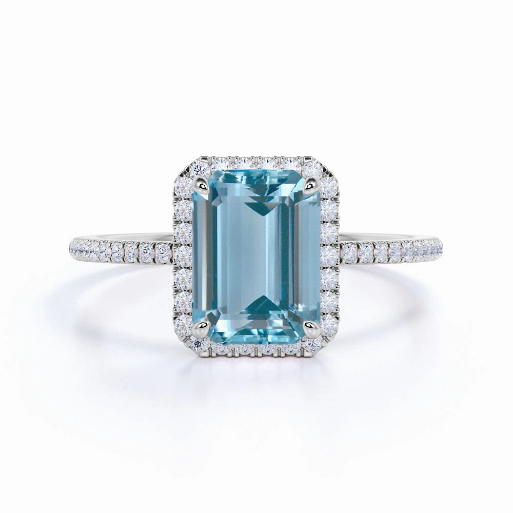 1.50 ct Emerald Cut Aquamarine Halo Wedding Ring Event Accessory