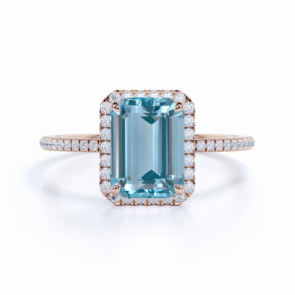 Luxury Feel 1.50 ct Emerald Cut Aquamarine Halo Wedding Ring