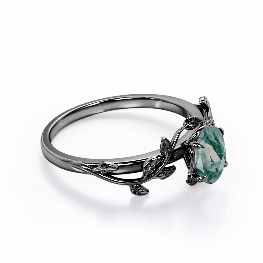 Prong 1.3 Carat Oval Cut Moss Agate Engagement Ring Laminated Layer