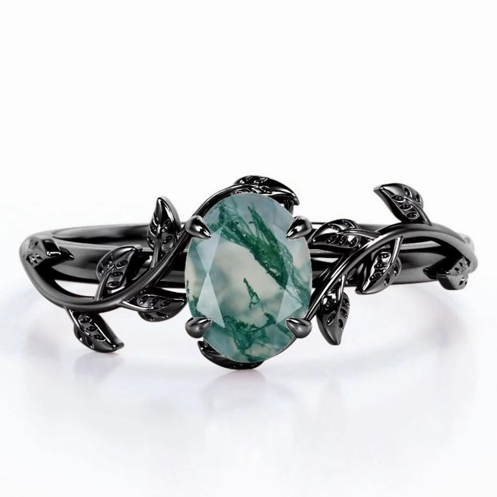 Prong 1.3 Carat Oval Cut Moss Agate Engagement Ring Graduation Present