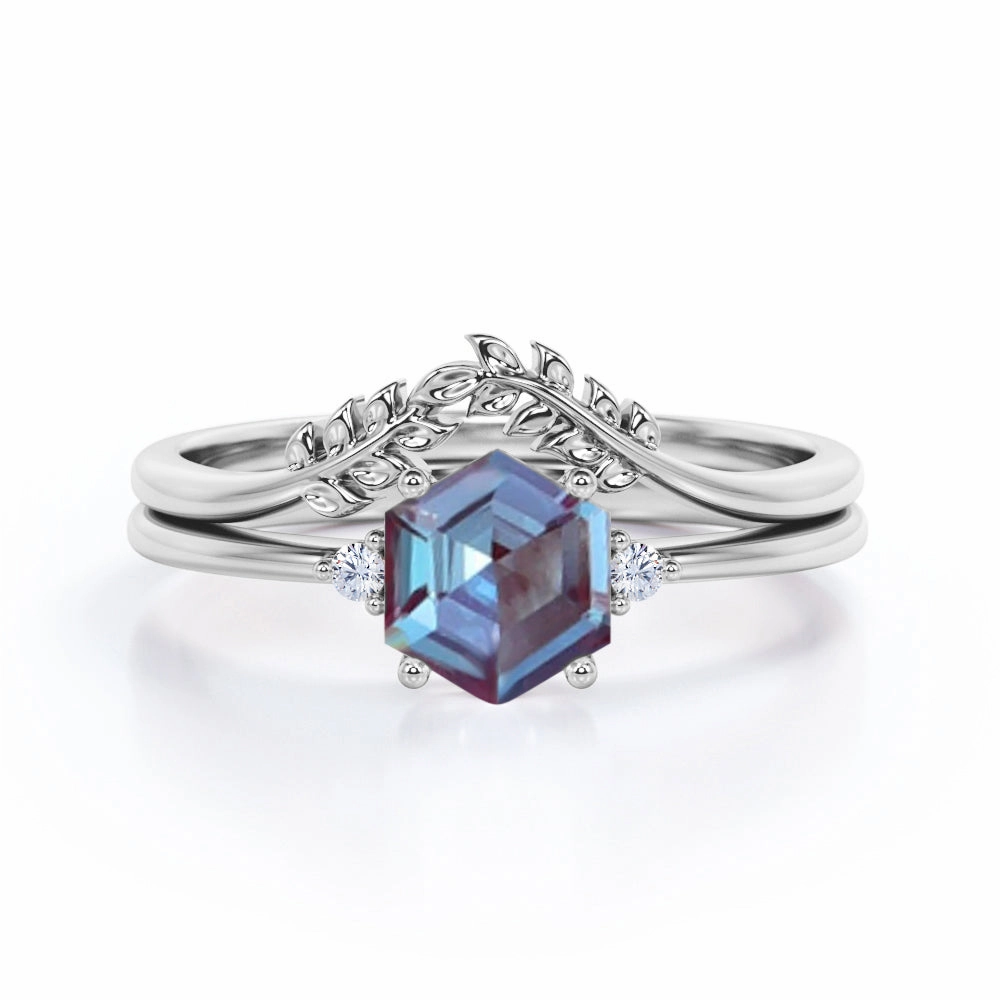 Trilogy 0.55 Ct Hexagon Lab Alexandrite Leafy Bridal Set Everyday Present