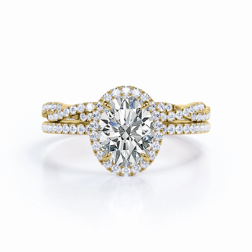 Handcrafted Piece 1.50 Carat Oval Cut Moissanite Halo Wedding Ring Set