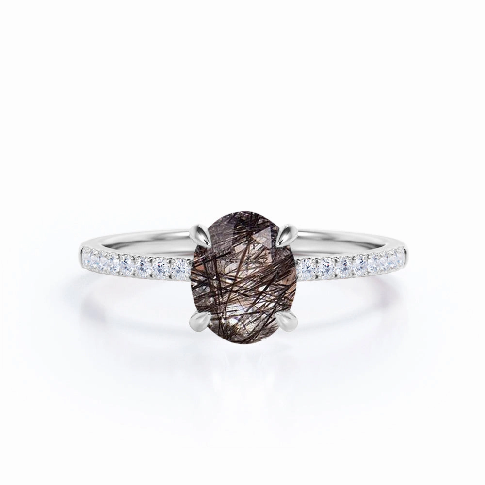 1.25 ct Oval Black Rutilated Quartz Pave Engagement Ring Simple Creation Excellent Item