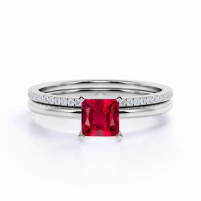 Soft Finish Contemporary Craft Solitare 1.25 ct Princess Lab-Created Ruby Pave Bridal Set
