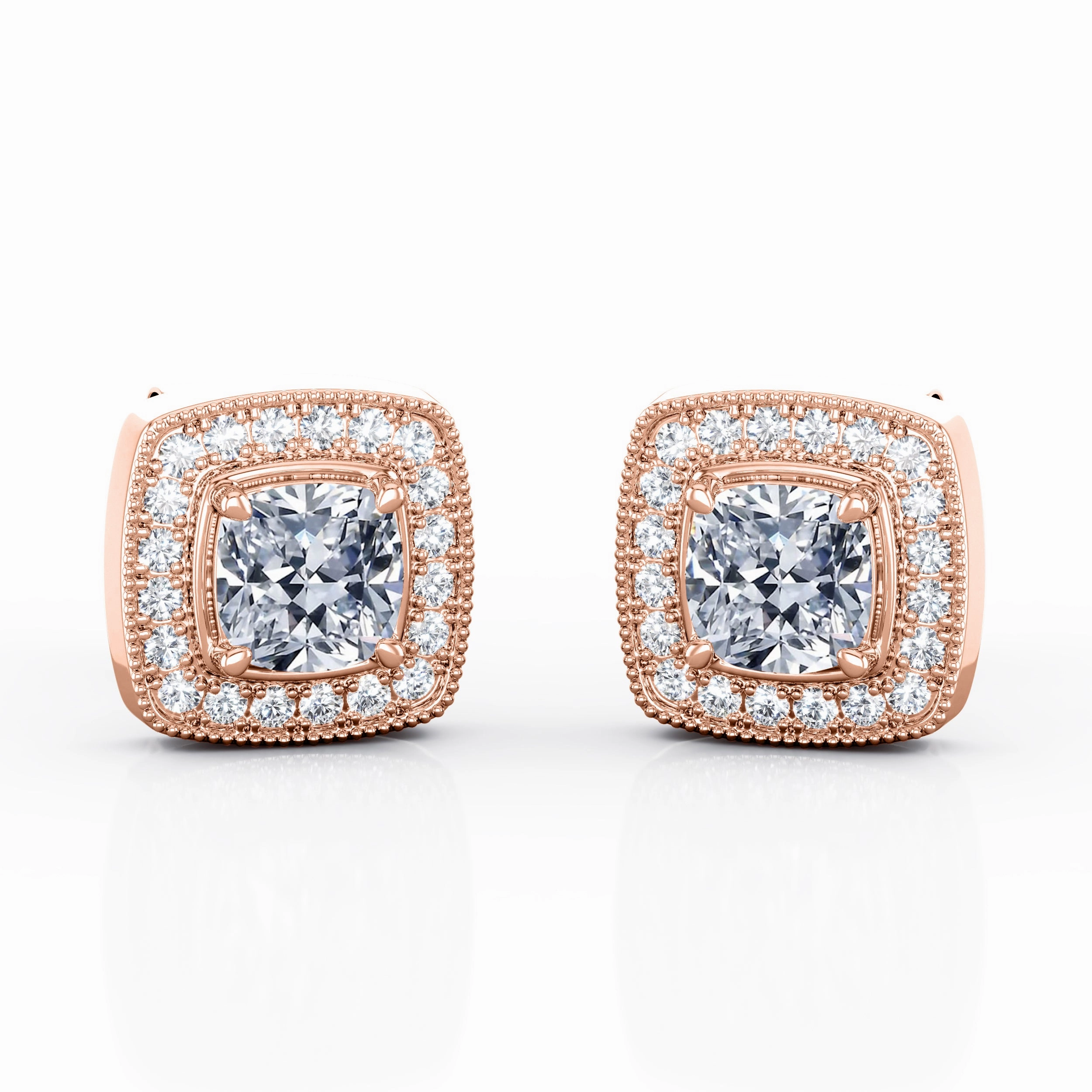 Exquisite Feature Milgrain Half Bezel Set 0.60 CT TDW Cushion Diamond Surface Prong Stud Earrings in Rose Gold