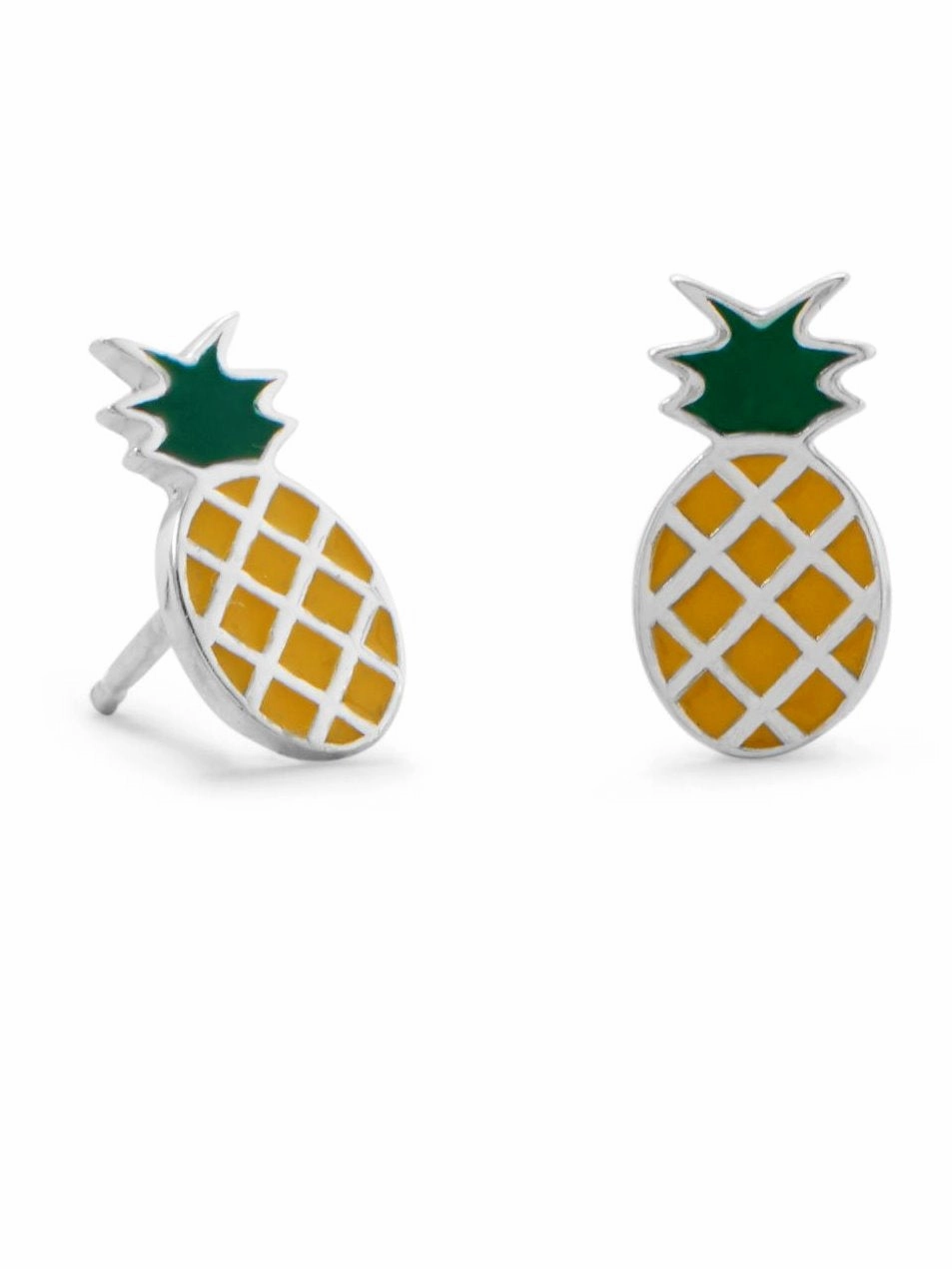Polished Element Dull Ornament Pineapple Stud Post Earrings Enamel on Sterling Silver