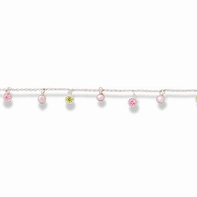 Mint State Pink and Green Cubic Zirconia CZ and Cultured Freshwater Pearl Charm Bracelet Sterling Silver