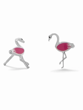 Gorgeous Element Pink Flamingo Stud Post Earrings Enamel on Sterling Silver