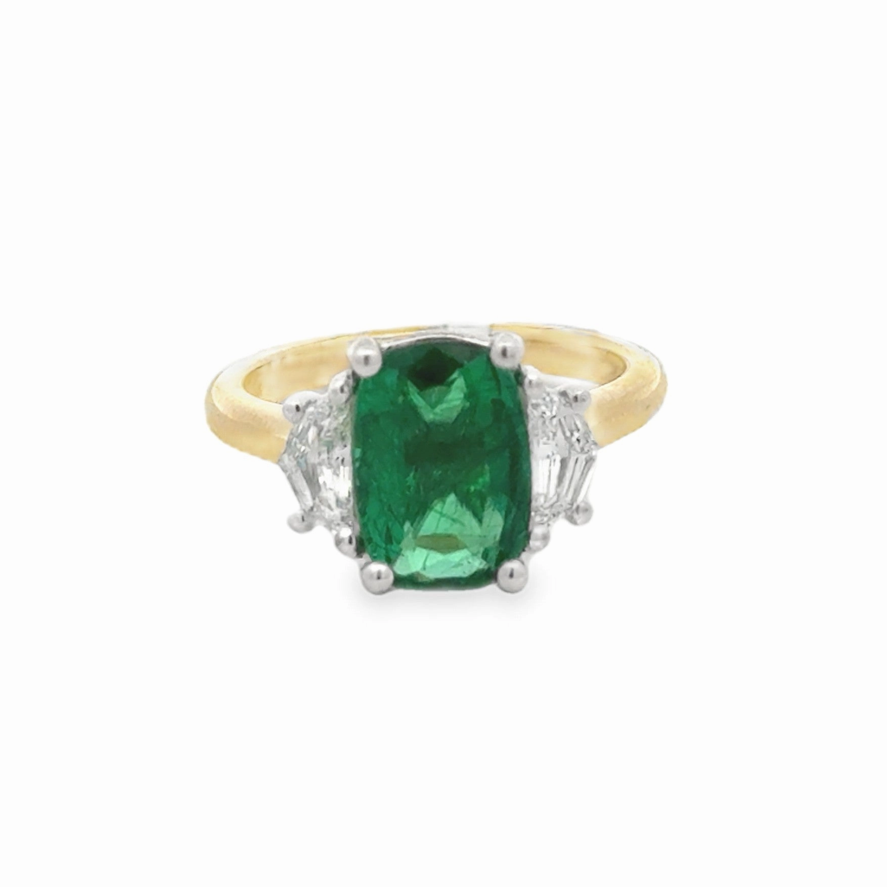 Workwear Style Platinum and 18K Yellow Gold Diamond and Emerald Ring