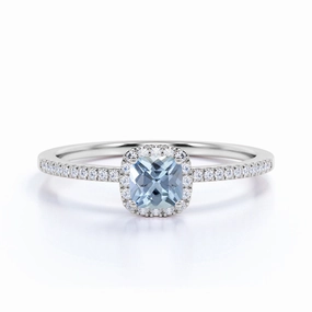 Ornate Gift 1 ct Cushion Aquamarine Halo Pave Engagement Ring