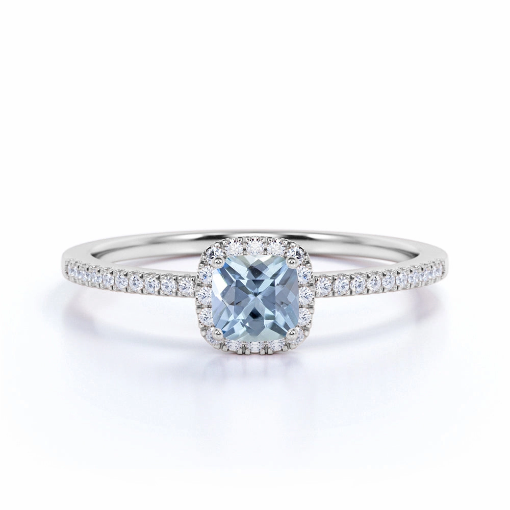 Ornate Gift 1 ct Cushion Aquamarine Halo Pave Engagement Ring